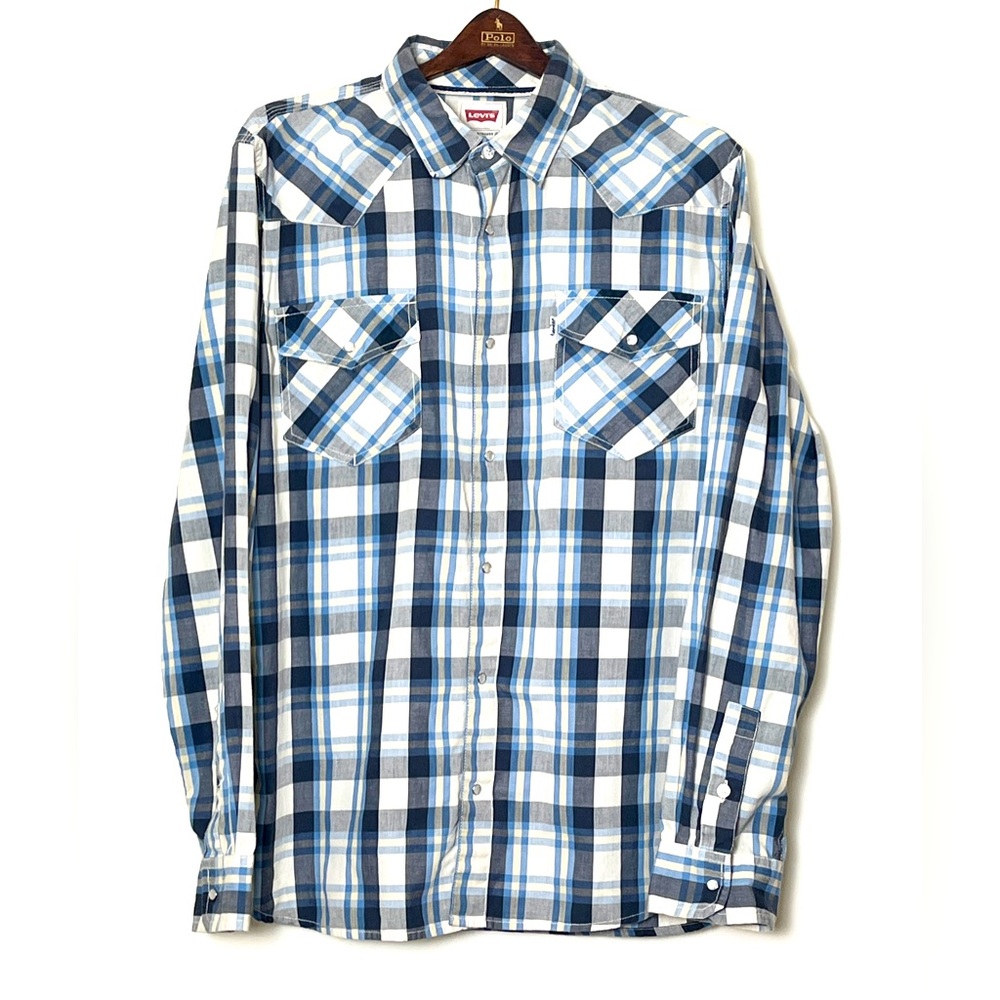 Levi’s Pearl Snap Front Shirt Men’s XL Blue White Plaid Western Cowboy Work